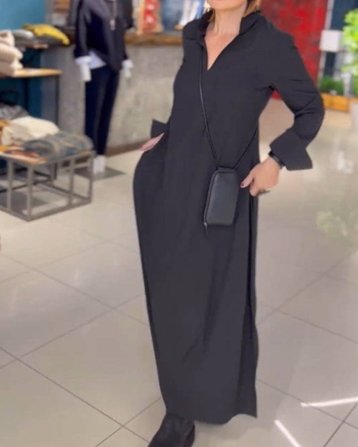 Evia Loose Long Maxi Dress with Lapel and Side Slit – Elegant Autumn Dress
