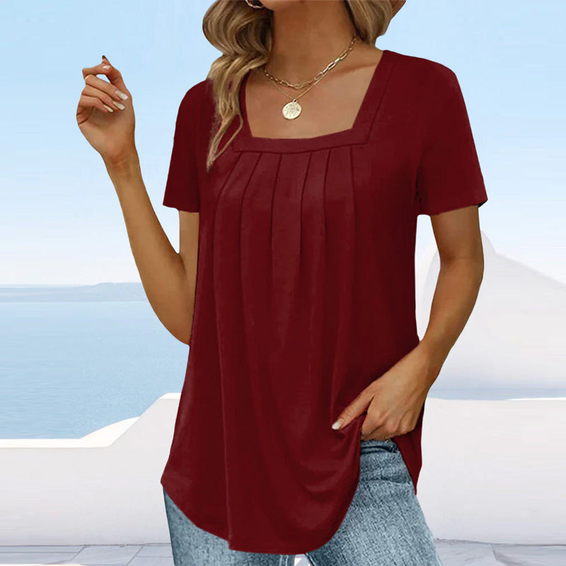 Brenda Elegant Pleated Blouse with Square Neckline for Autumn