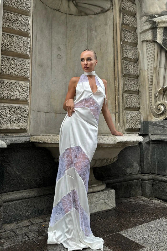 Mira Lace Maxi Dress with Sheer Panels – Elegant Evening Gown for Autumn