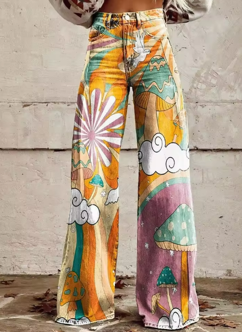 Amelia Psychedelic Mushroom Print Jeans Stylish Comfortable Autumn Summer