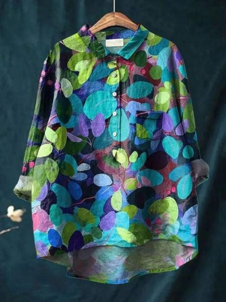 Donna Floral Print Blouse in Bamboo Hemp Fabric for Autumn and Summer