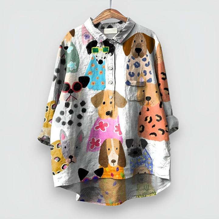 Geraldine Women's Shirt with Dog Print for Summer and Autumn
