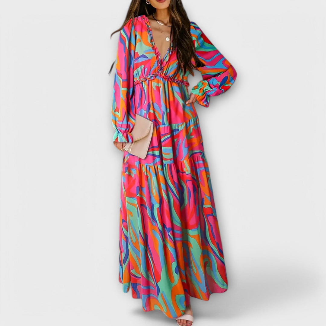 Elle Floral V-Neck Maxi Dress – Comfortable Elegant Summer & Autumn Dress