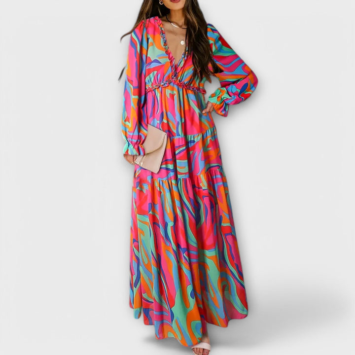 Elle Floral V-Neck Maxi Dress – Comfortable Elegant Summer & Autumn Dress