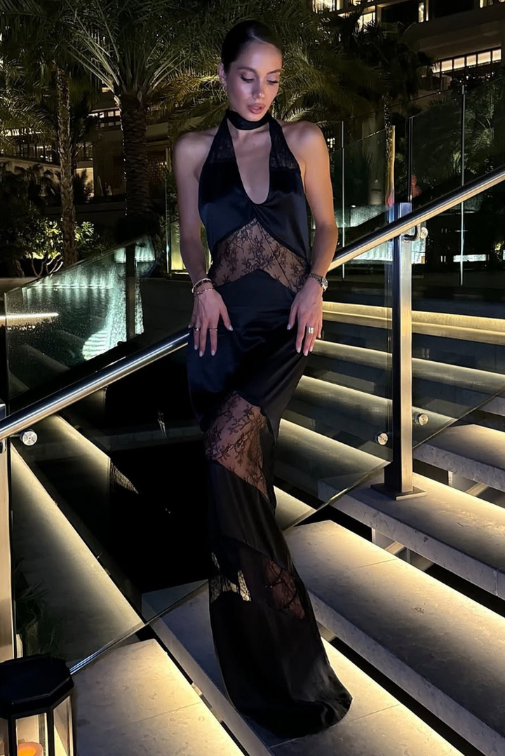 Mira Lace Maxi Dress with Sheer Panels – Elegant Evening Gown for Autumn