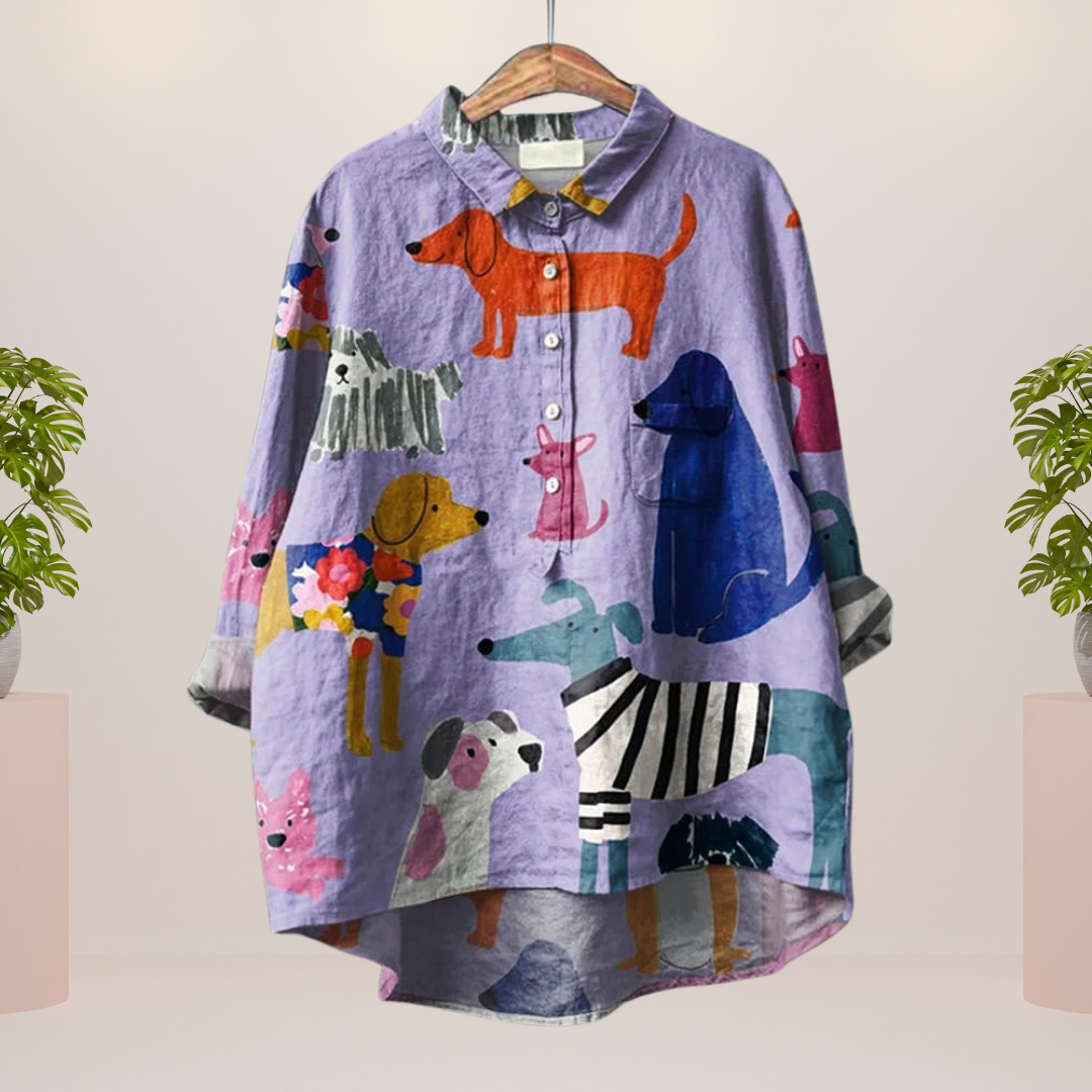 Freya Playful Dog Motif Button-Up Shirt for Autumn and Summer
