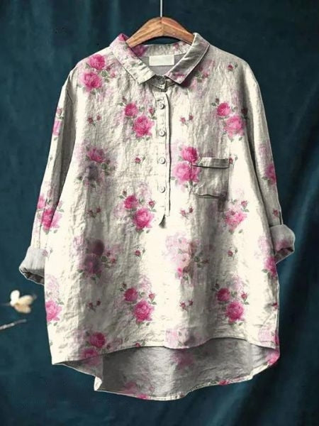 Donna Floral Print Blouse in Bamboo Hemp Fabric for Autumn and Summer