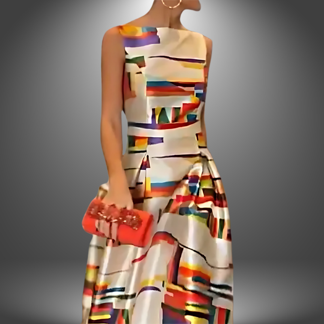 Amelia Bold Geometric Print Maxi Dress for Autumn and Summer