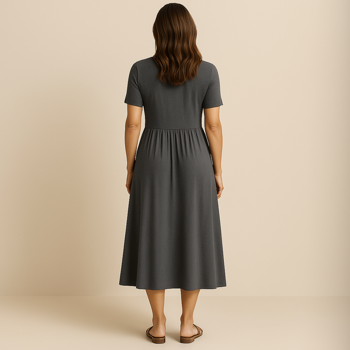 Anny Stylish V-Neck Midi Dress Elegant Comfortable for Autumn and Summer