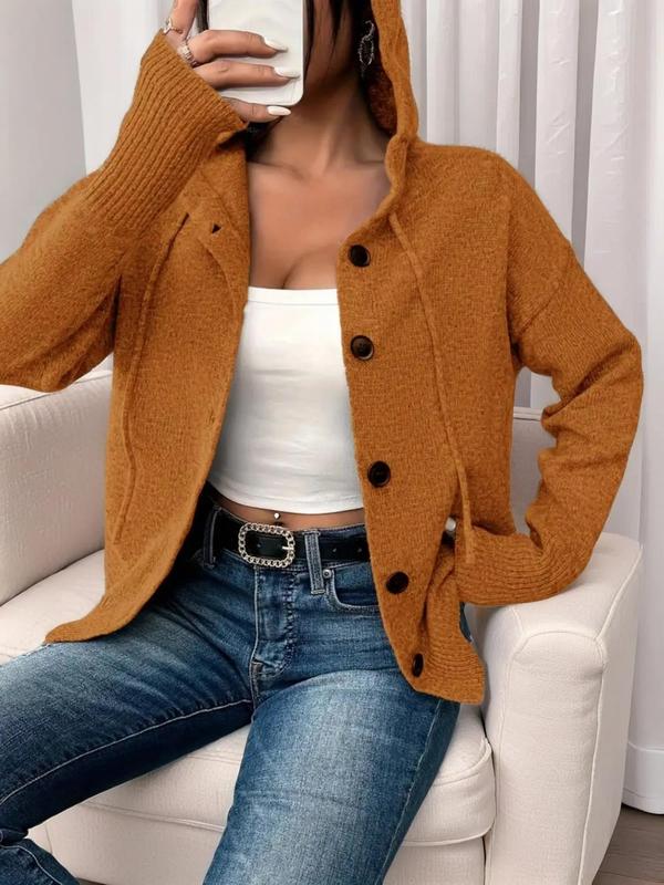 LuxeCozy Women's Button-Front Drawstring Hooded Cardigan