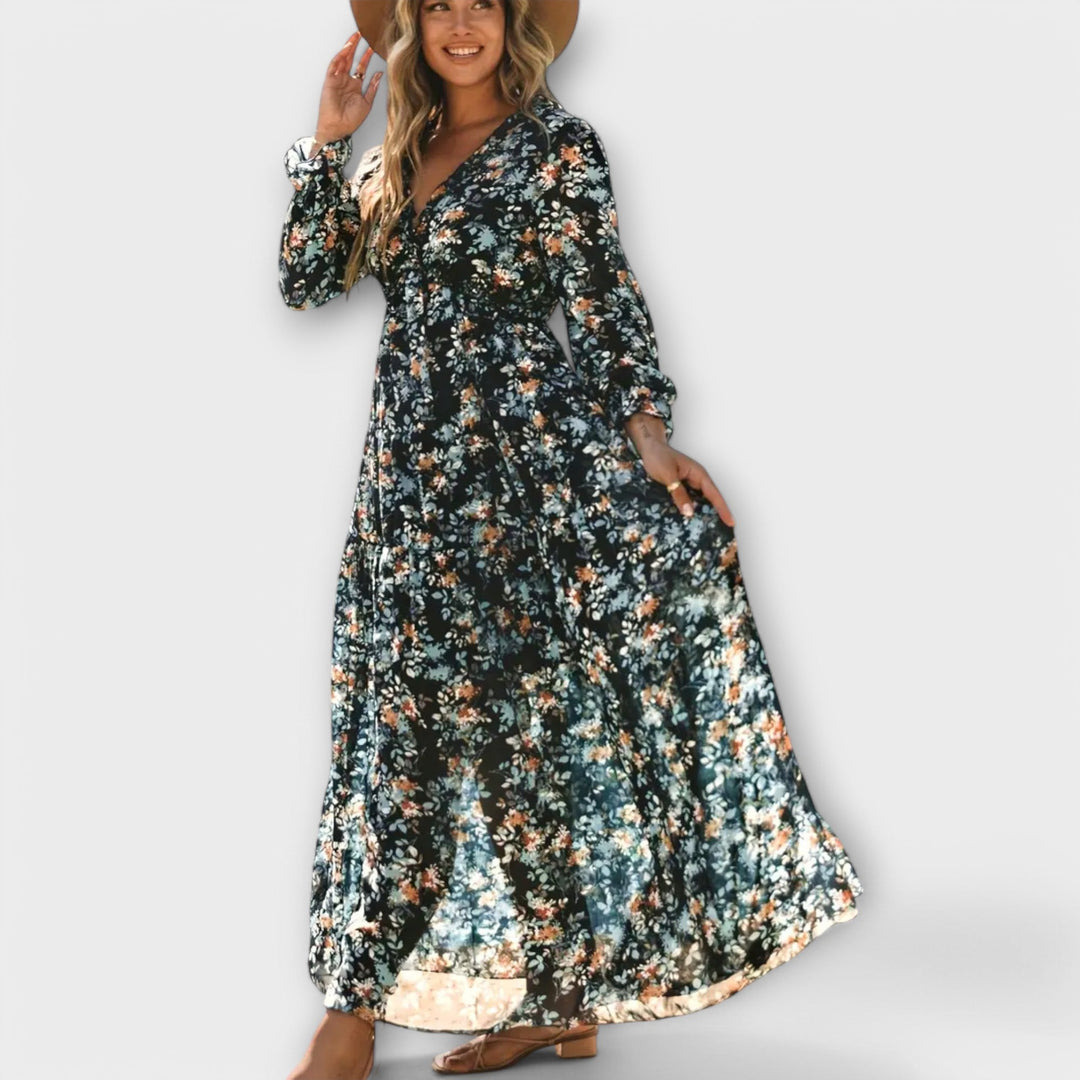 Elle Floral V-Neck Maxi Dress – Comfortable Elegant Summer & Autumn Dress