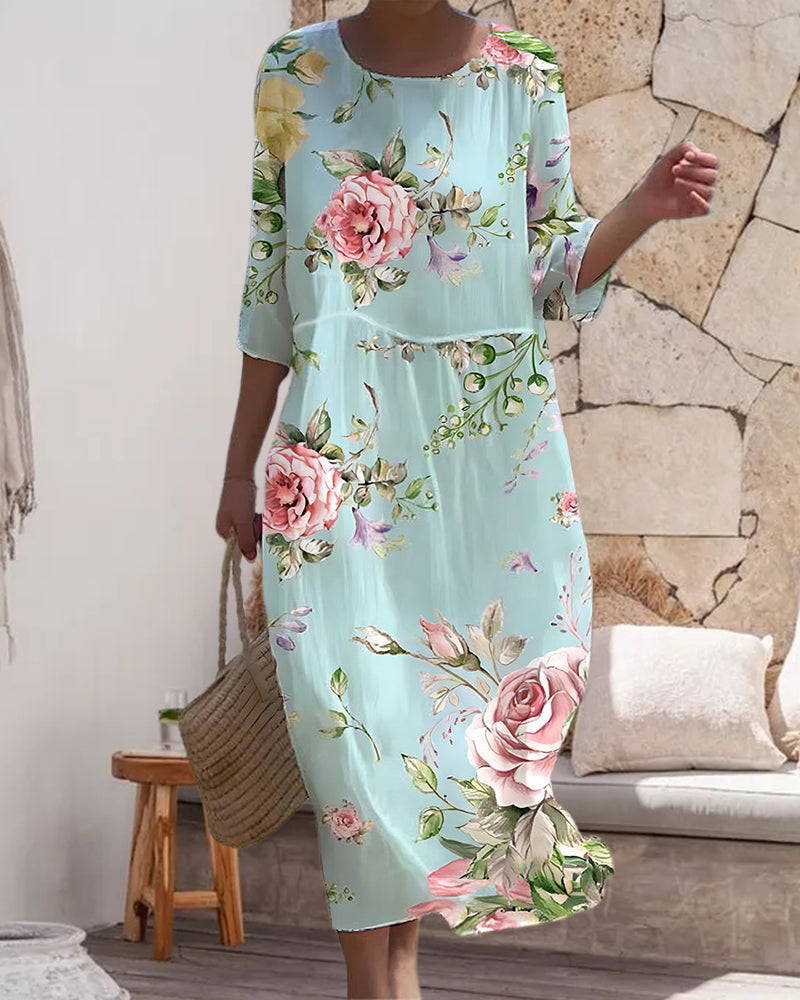Martha Floral Print Midi Dress Elegant Fit for Summer and Autumn