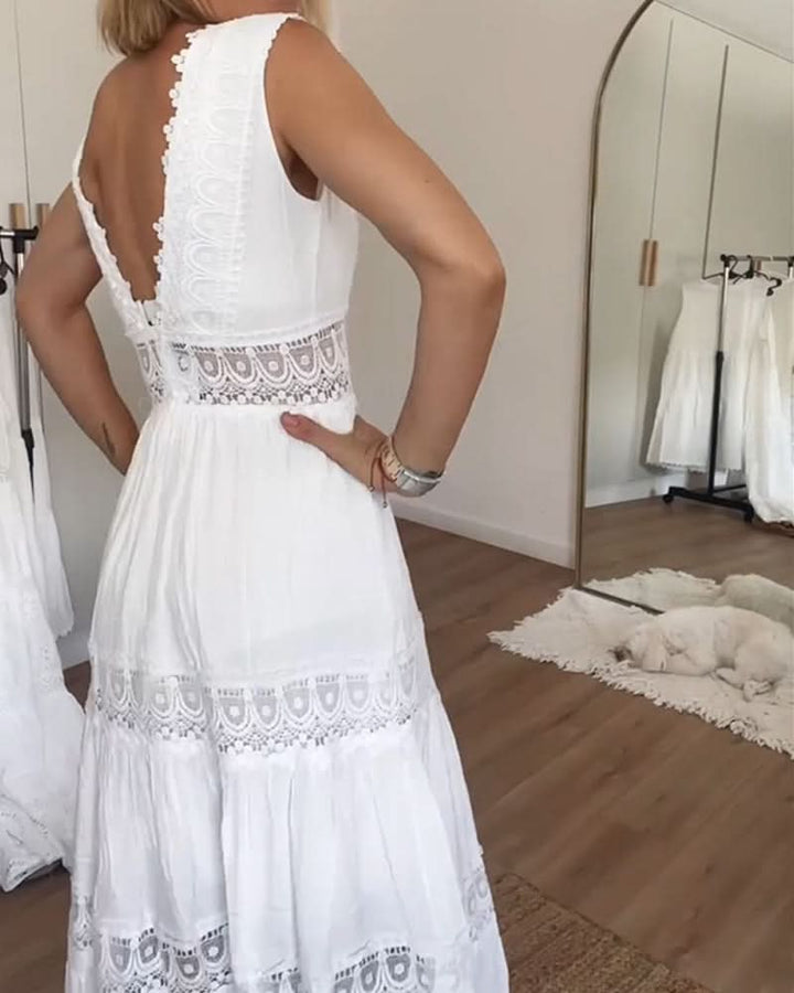 Rose Lace V-Neck Cami Maxi Dress Lightweight Summer and Autumn