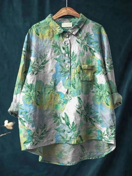 Donna Floral Print Blouse in Bamboo Hemp Fabric for Autumn and Summer