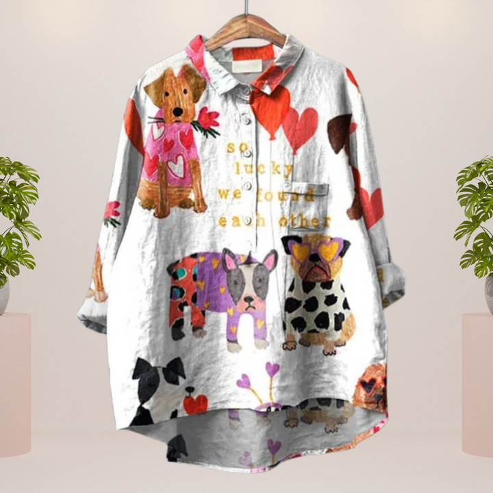 Freya Playful Dog Print Button-Down Shirt for Autumn and Summer