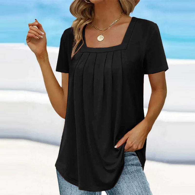 Brenda Elegant Pleated Blouse with Square Neckline for Autumn