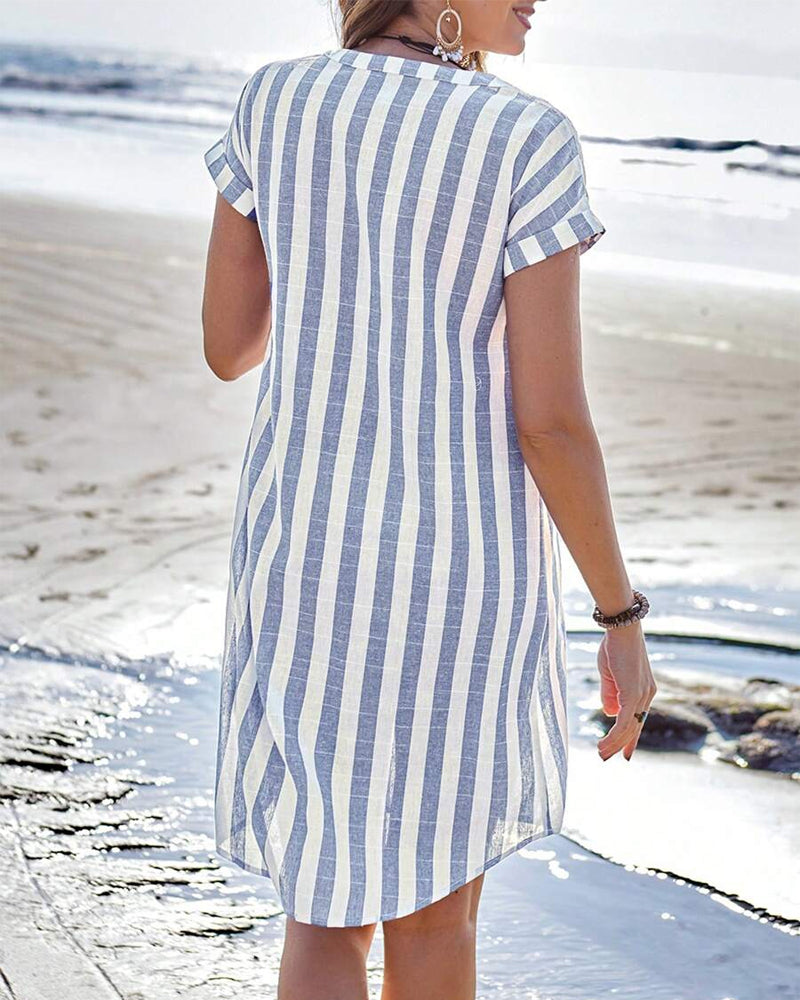Carol Elegant Striped Shirt Dress Cotton-Linen Blend for Autumn and Summer