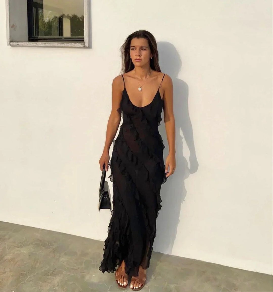 Lottie Elegant Off-Shoulder Backless Maxi Dress for Autumn and Summer