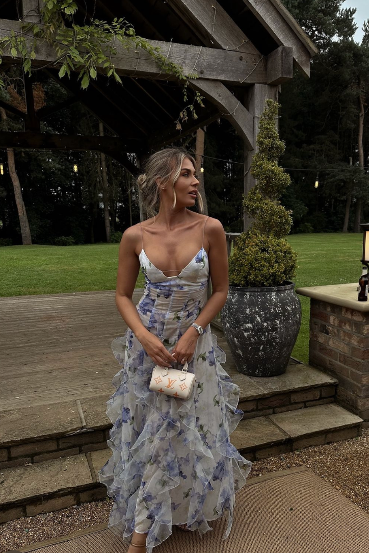 Maisie Floral Maxi Dress with Adjustable Straps – Elegant Summer Dress with Sheer Fabric and Ruffle Details