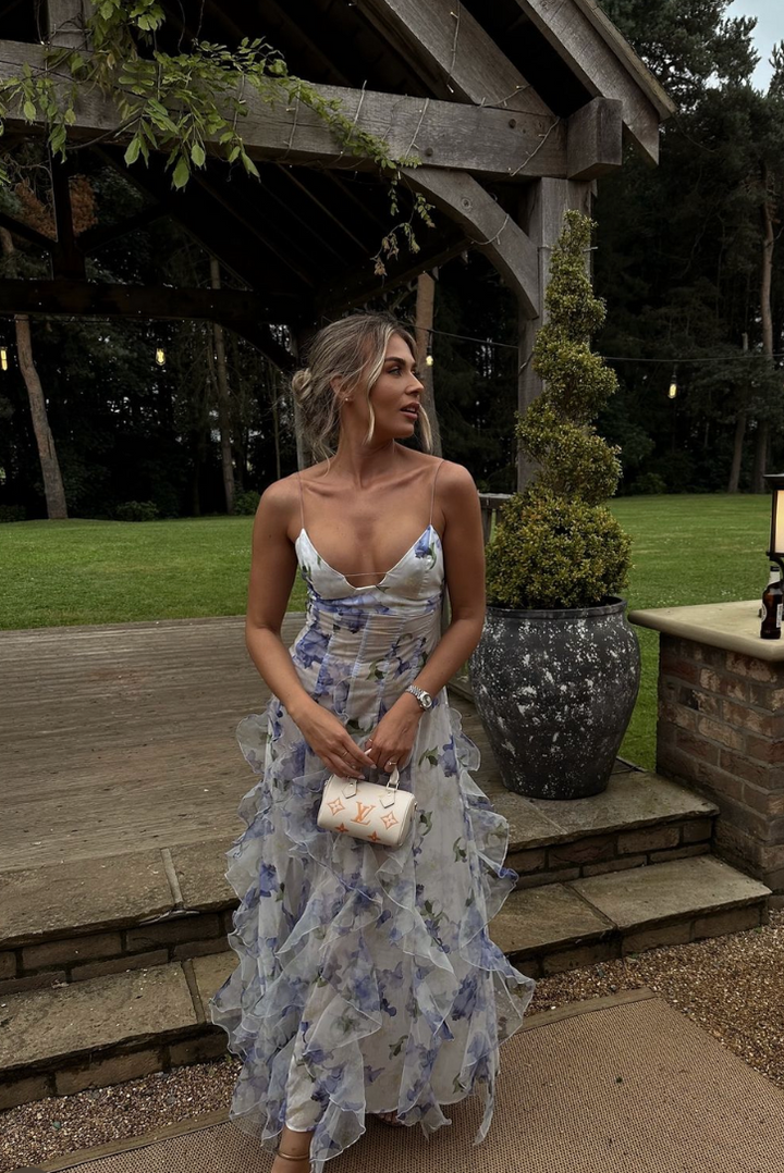 Maisie Floral Maxi Dress with Adjustable Straps – Elegant Summer Dress with Sheer Fabric and Ruffle Details