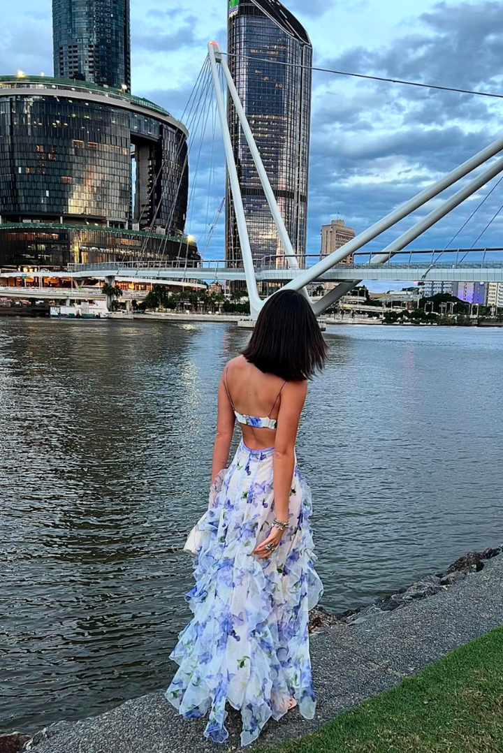 Maisie Floral Maxi Dress with Adjustable Straps – Elegant Summer Dress with Sheer Fabric and Ruffle Details