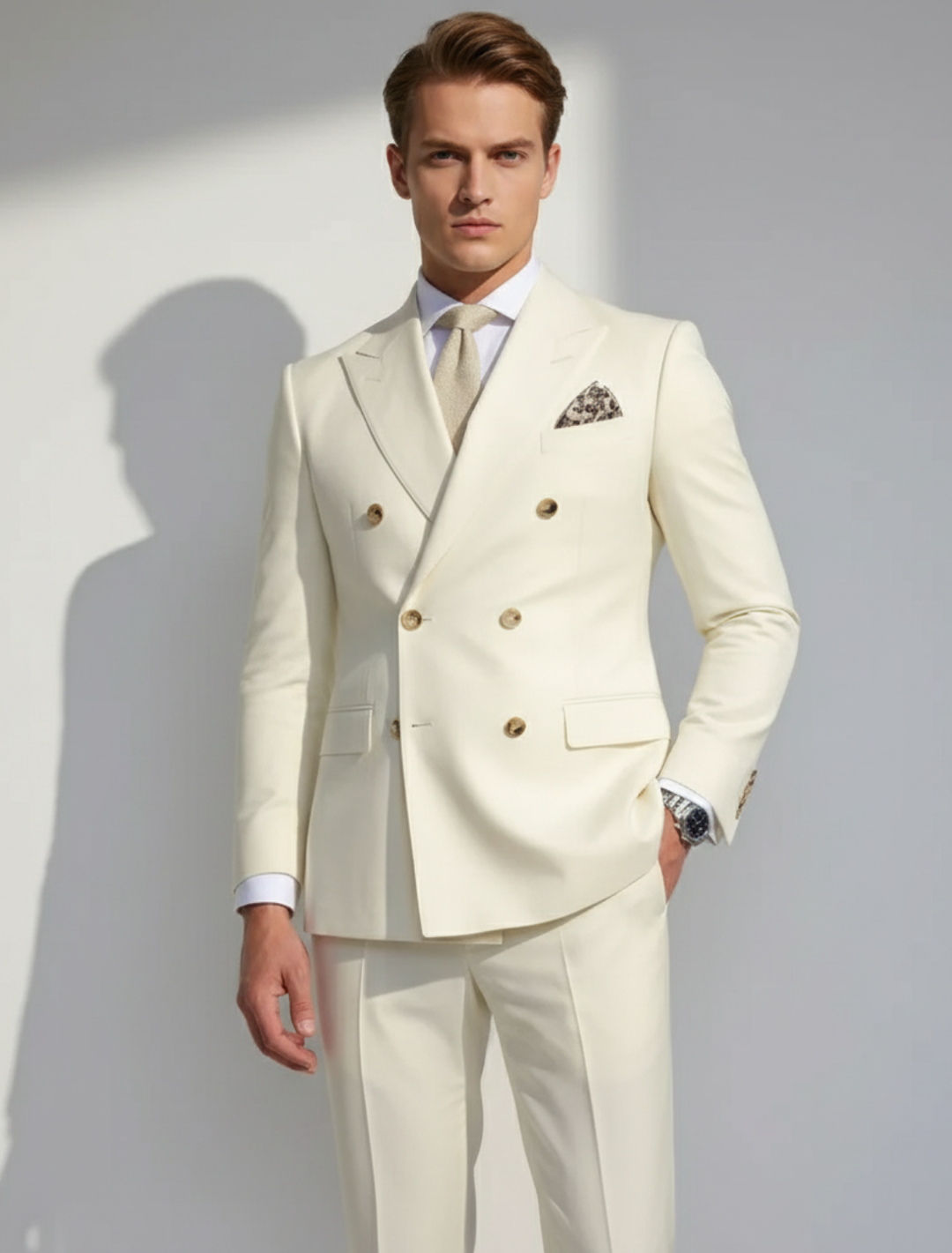 Ethan | Stylish White Two-Piece Wedding Suit with Gold Accents 0