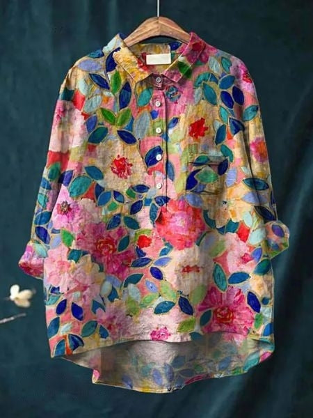 Donna Floral Print Blouse in Bamboo Hemp Fabric for Autumn and Summer