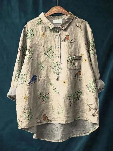 Donna Floral Print Blouse in Bamboo Hemp Fabric for Autumn and Summer