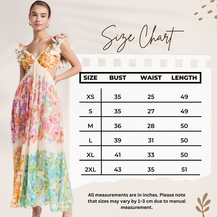 Raie Frill Shoulder Midi Dress Lightweight Chiffon Floral Print Summer