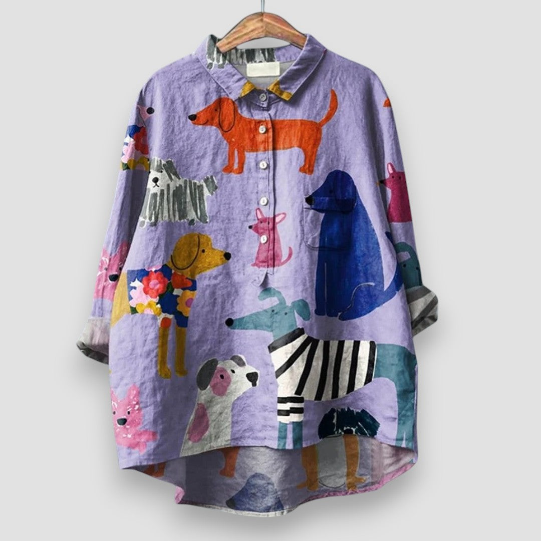 Geraldine Women's Shirt with Dog Print for Summer and Autumn