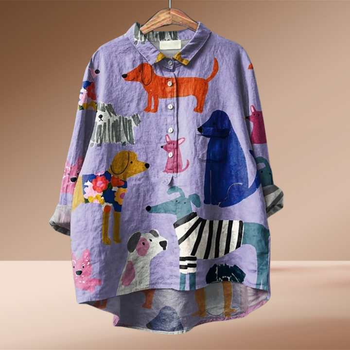 Isabella Dog Print Button-Down Shirt for Autumn and Summer
