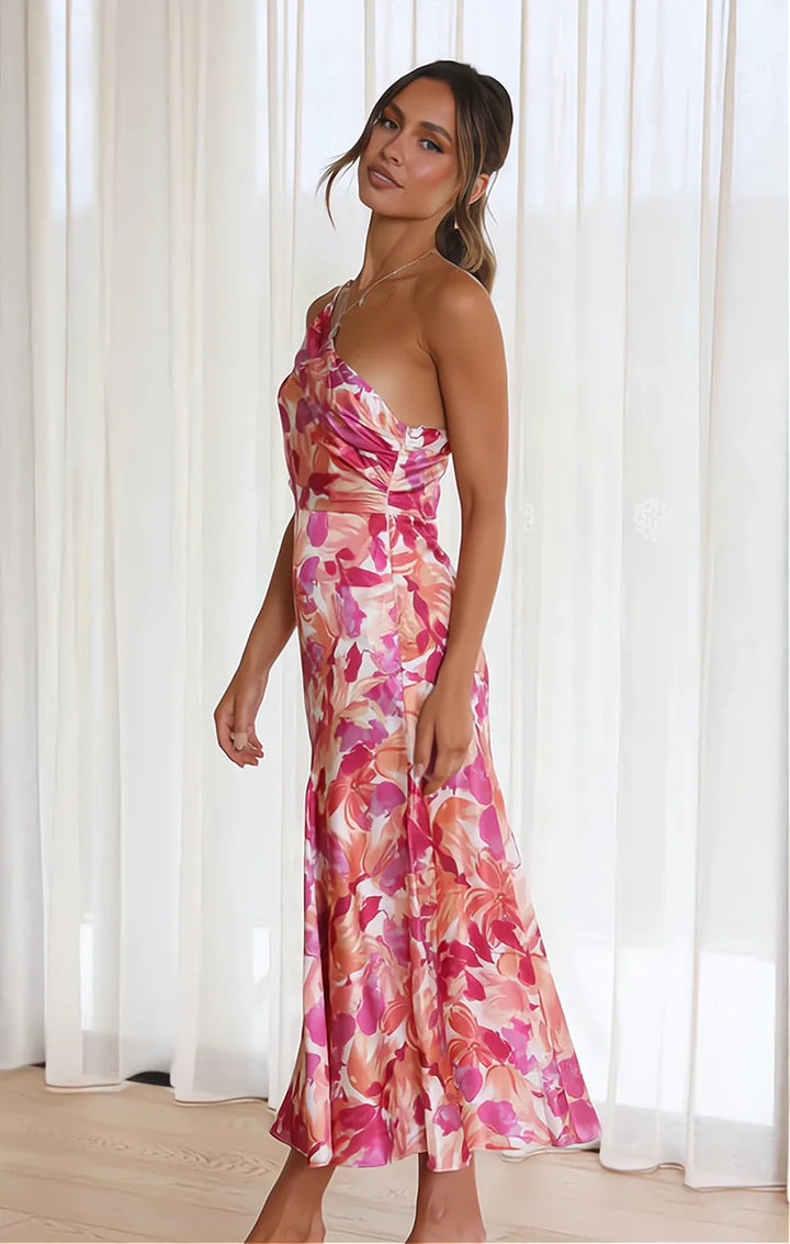 Diane Floral Satin Dress with Elegant Fit for Autumn and Summer