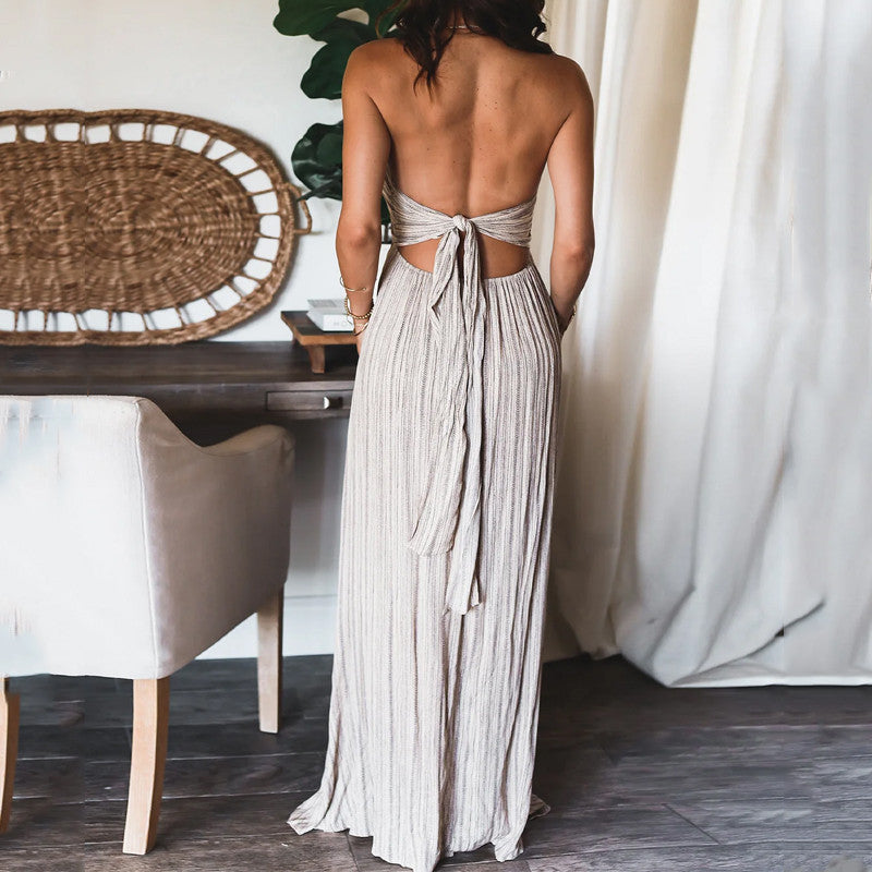 Karen Elegant Halter Neck Maxi Dress Stylish Evening Gown for Autumn