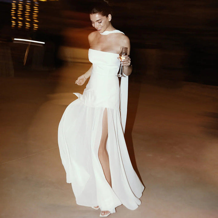 Valerie Asymmetrical Strapless Maxi Dress Elegant Evening Gown for Autumn