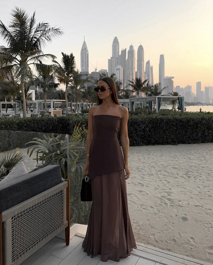 Valerie Asymmetrical Strapless Maxi Dress Elegant Evening Gown for Autumn