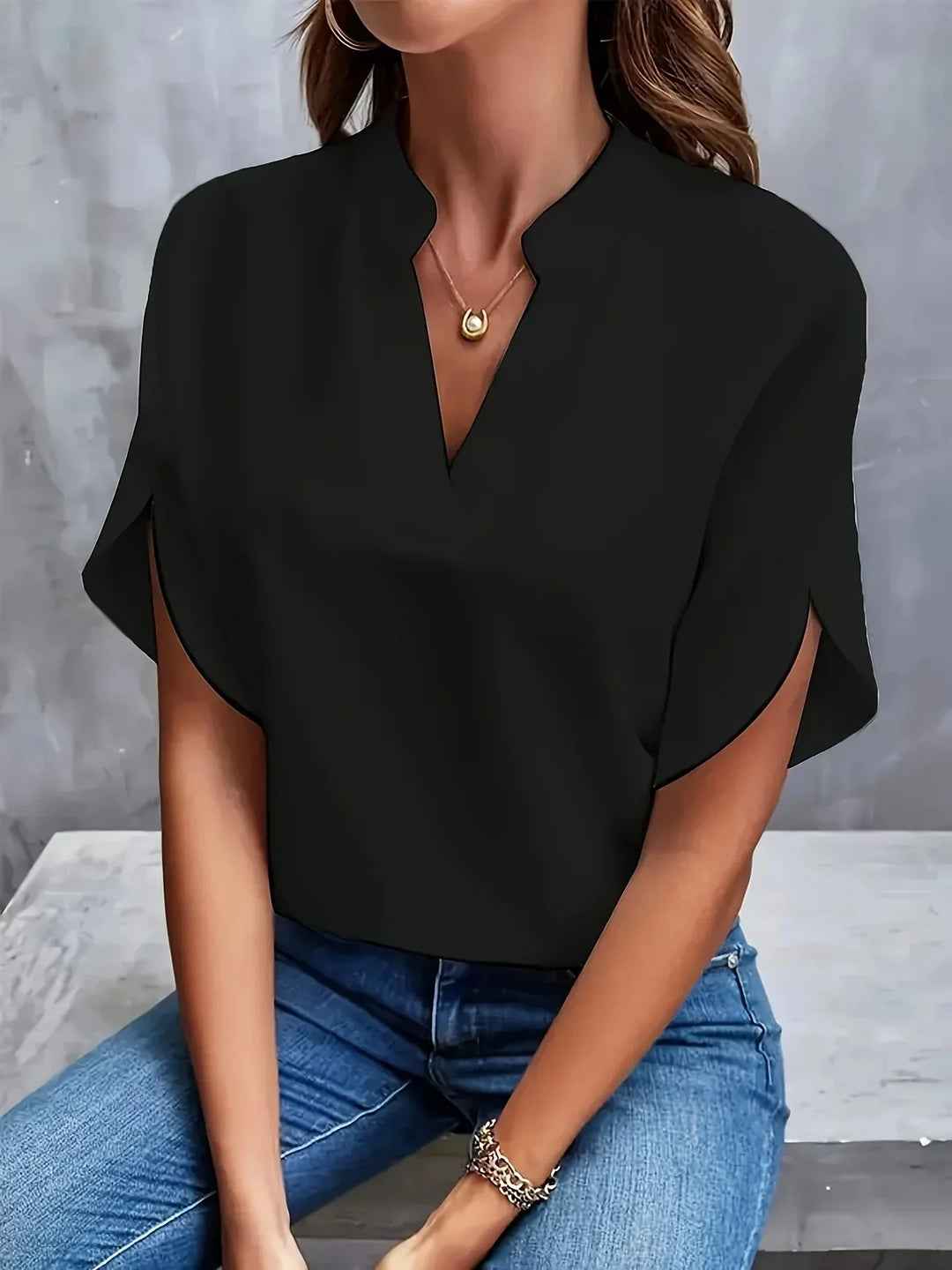 Thalia Sophisticated Tailored Blouse with V-Neckline and Cap Sleeves for Summer