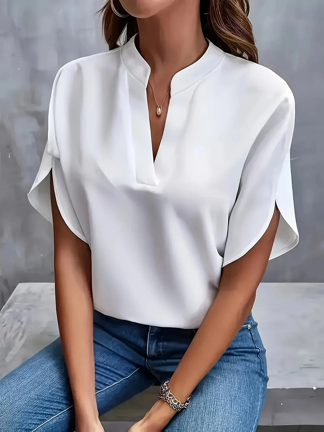 Thalia Sophisticated Tailored Blouse with V-Neckline and Cap Sleeves for Summer