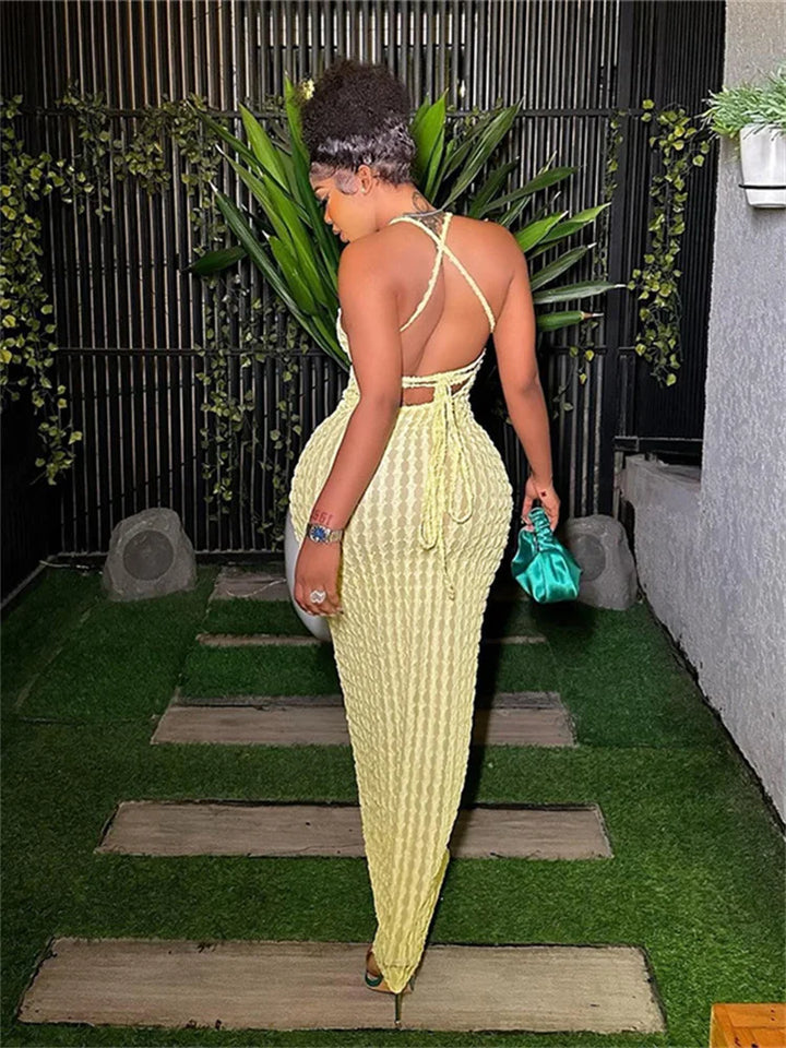 Simenual Sheer Maxi Dress with Thin Straps and Open Back Elegant Evening Wear for Summer
