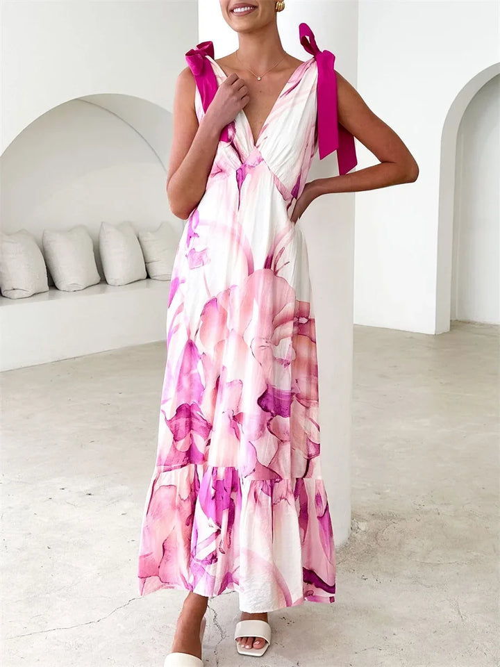 Alba Back Tie V-Neck Maxi Dress Elegant Floor-Length Gown for Autumn