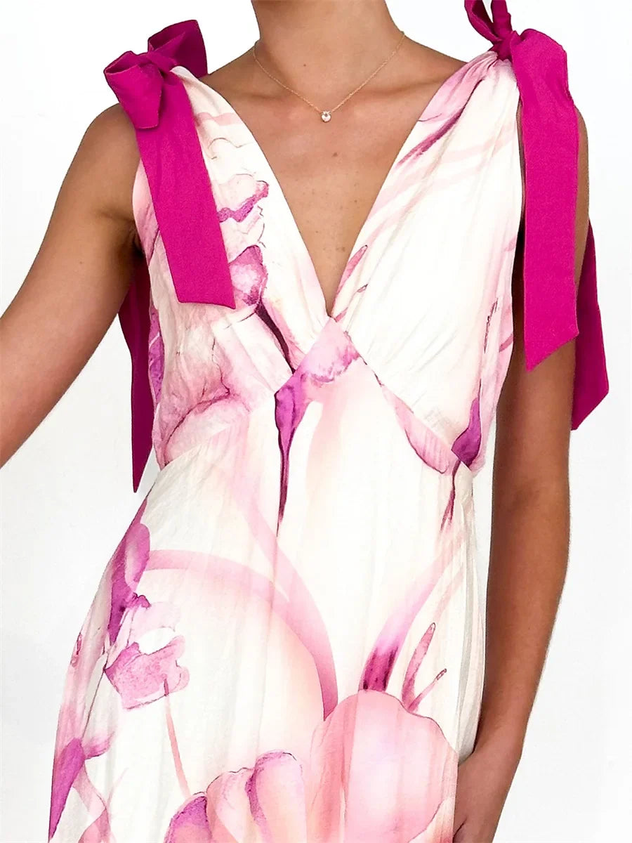 Alba Back Tie V-Neck Maxi Dress Elegant Floor-Length Gown for Autumn