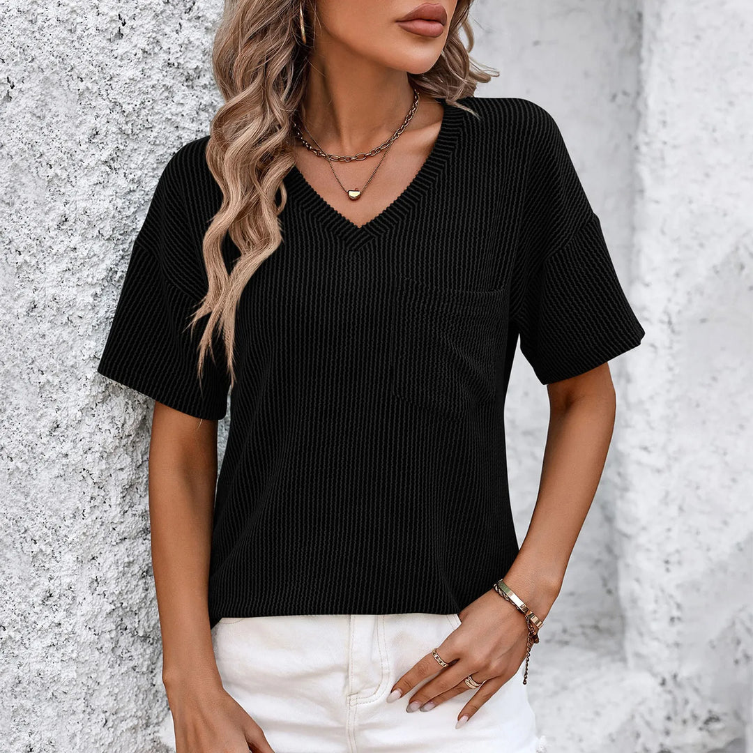 Aveline Women’s Solid V-Neck Knitted Tunic Top with Pocket for Summer and Autumn