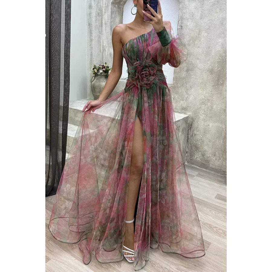 Jenny Elegant One-Shoulder Floral Gown for Autumn and Summer