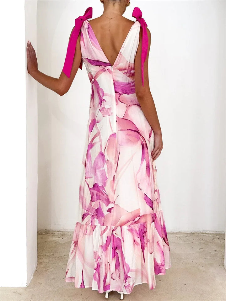 Alba Back Tie V-Neck Maxi Dress Elegant Floor-Length Gown for Autumn