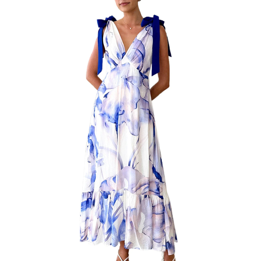 Alba Back Tie V-Neck Maxi Dress Elegant Floor-Length Gown for Autumn