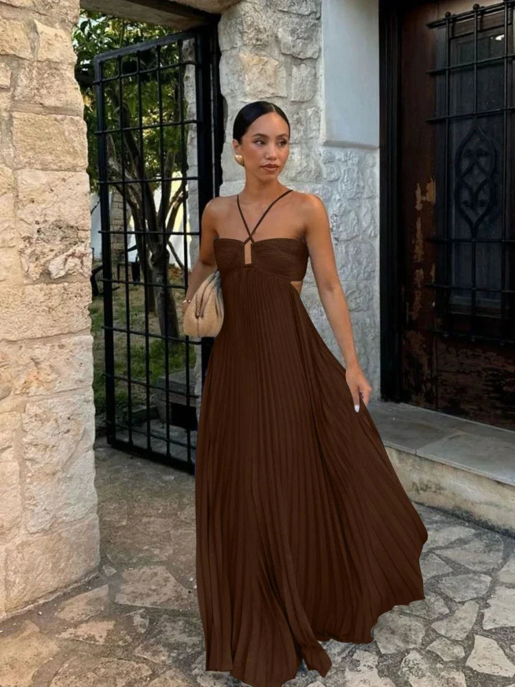 Nina Stylish Pleated Maxi Dress Elegant Flowy Dress for Autumn