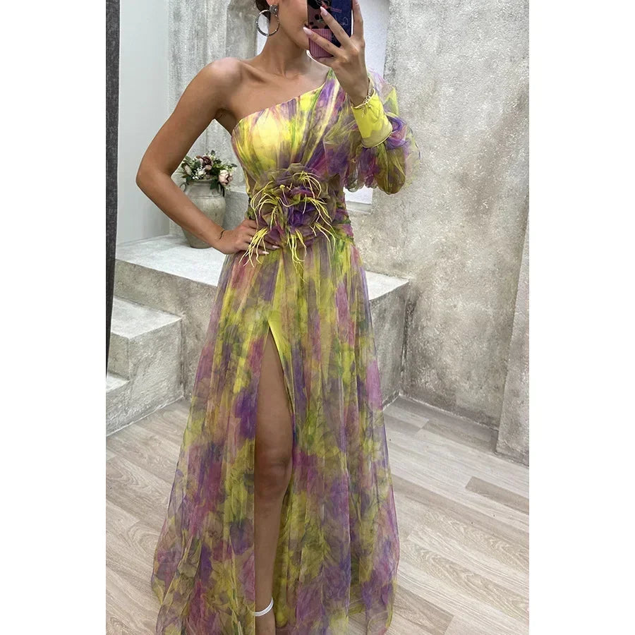 Jenny Elegant One-Shoulder Floral Gown for Autumn and Summer