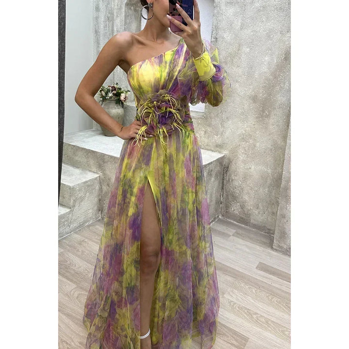 Jenny Elegant One-Shoulder Floral Gown for Autumn and Summer