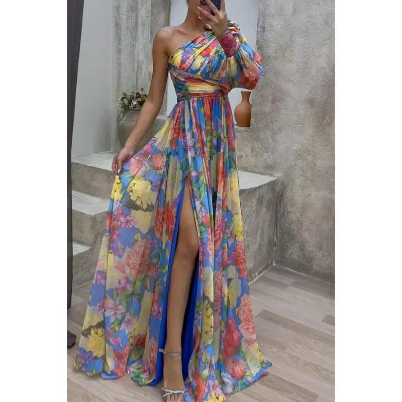 Aby Elegant One-Shoulder Floral Dress for Summer and Autumn