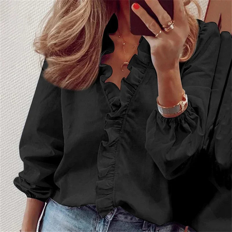 Enola Feminine Blouse with Playful Ruffles and Elegant Balloon Sleeves for Summer