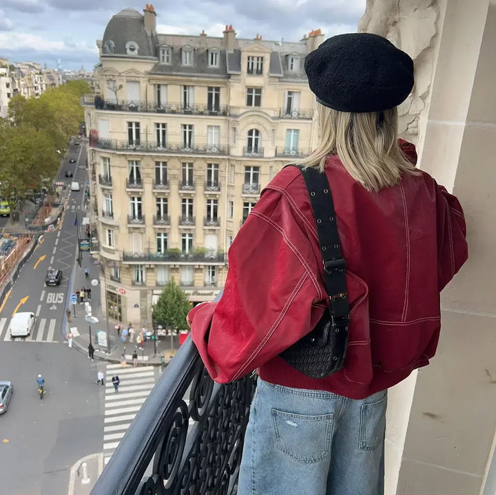 Faye Oversized Red Leather Jacket Stylish Outerwear for Autumn